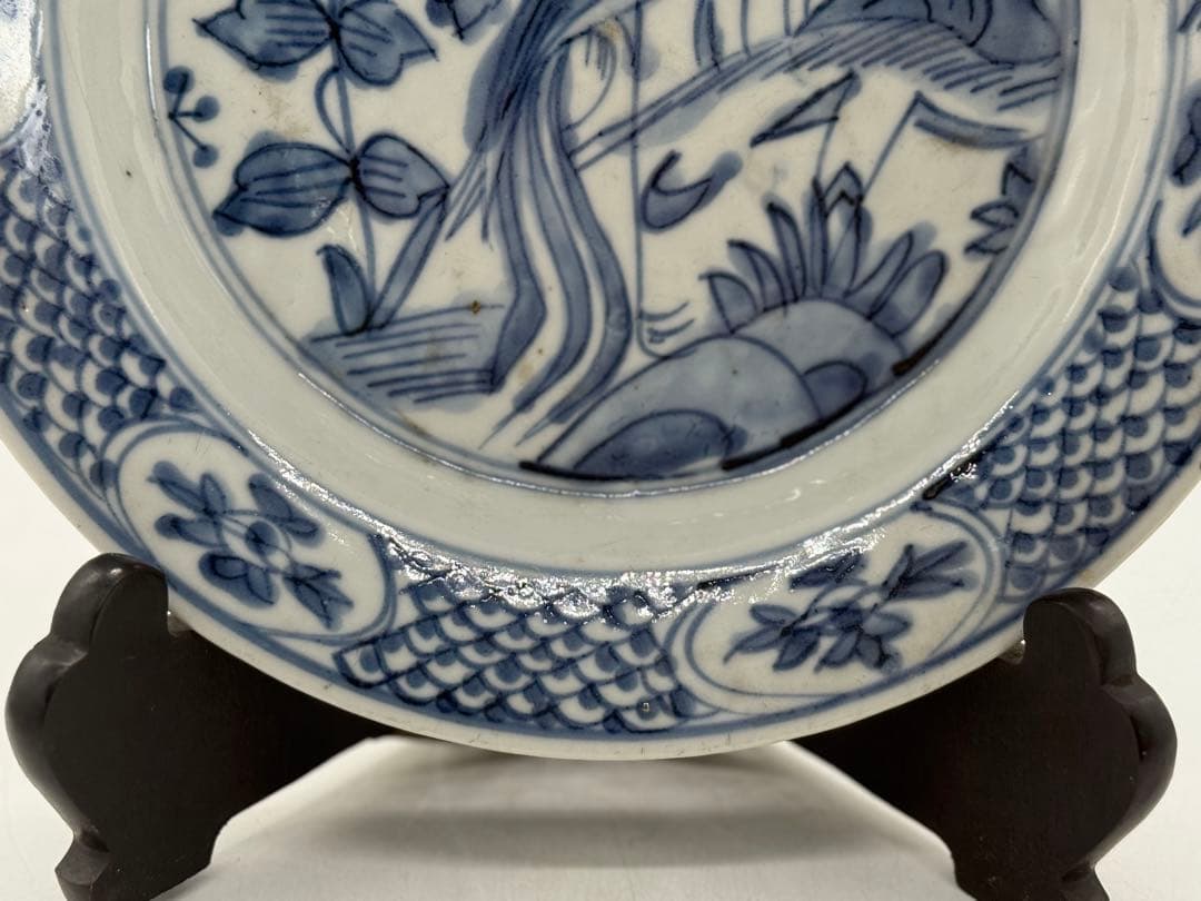 中国　明時代　染付　孔雀牡丹紋大皿　古染　送料込み250622