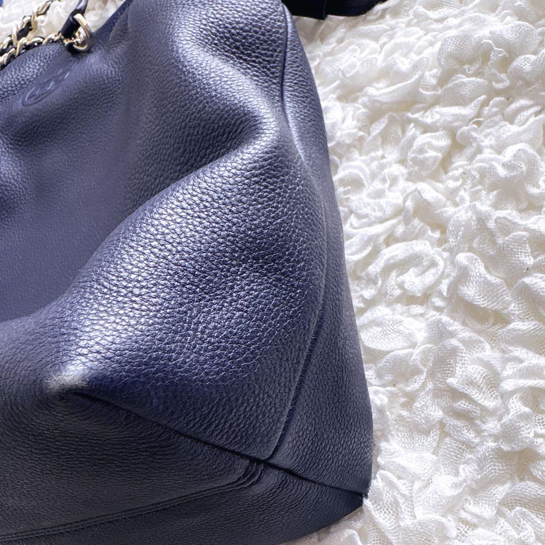 TORY BURCH チェーン トートバッグ シボ革 レザー ネイビー A4