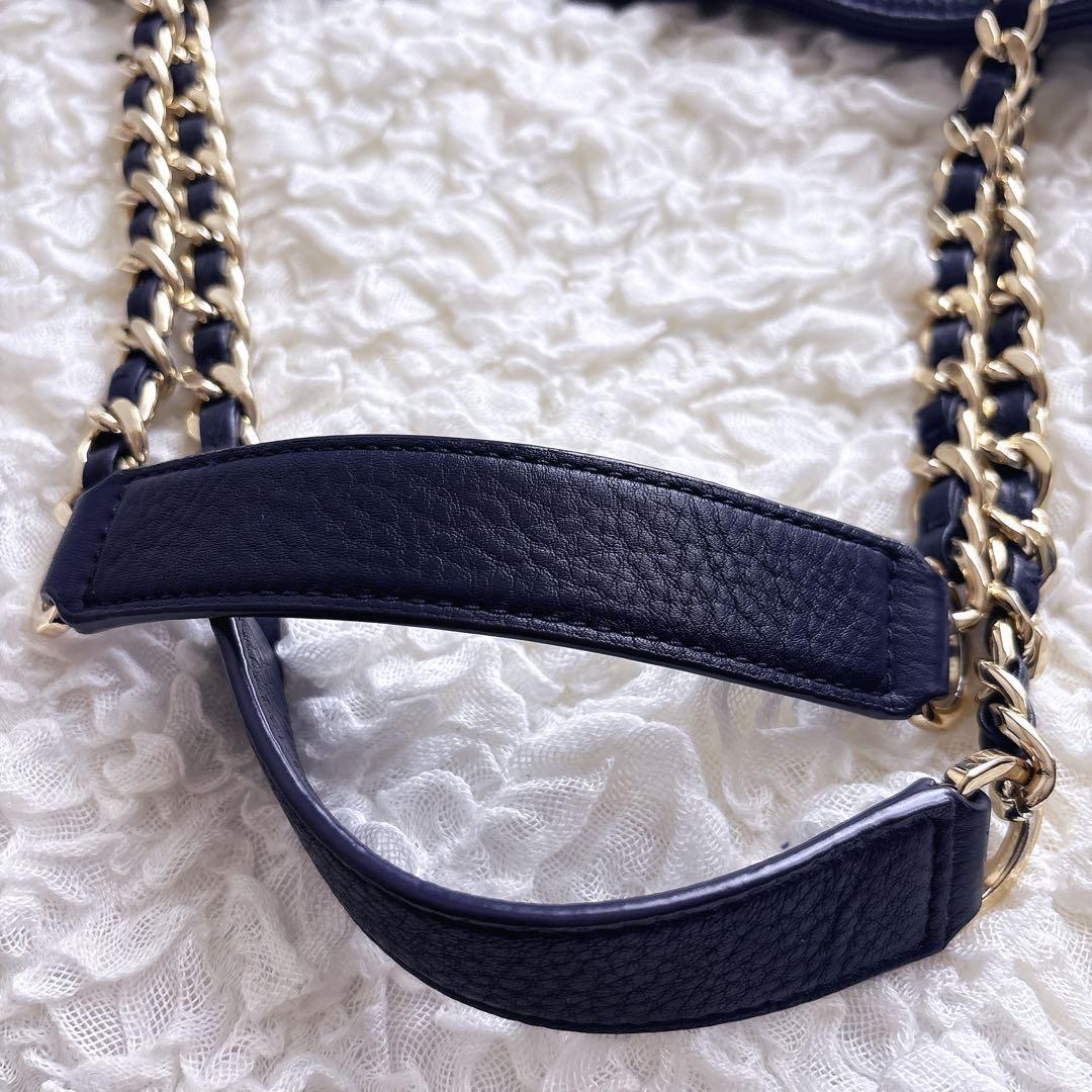 TORY BURCH チェーン トートバッグ シボ革 レザー ネイビー A4
