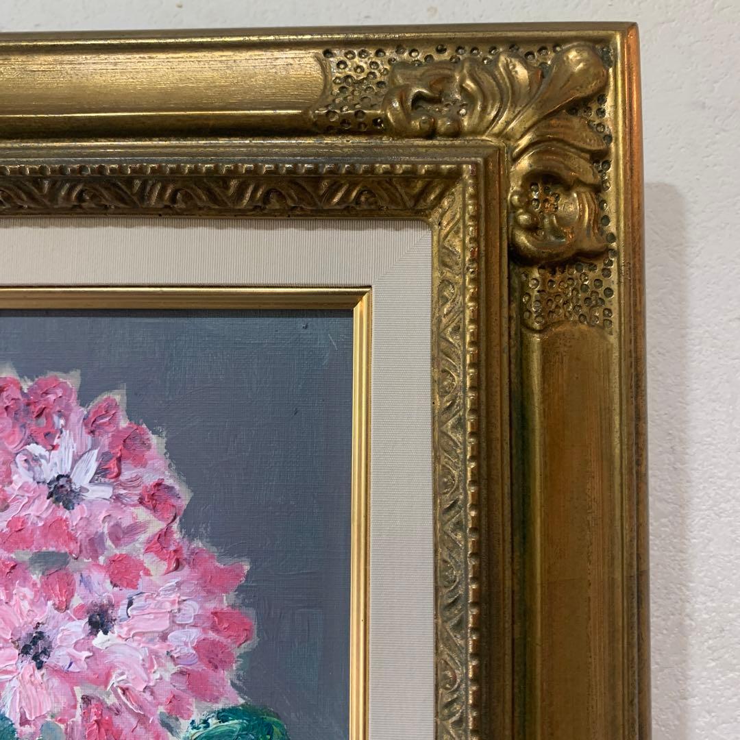 絵画　油彩肉筆画　岸本作『サイネリア』高級額装F4