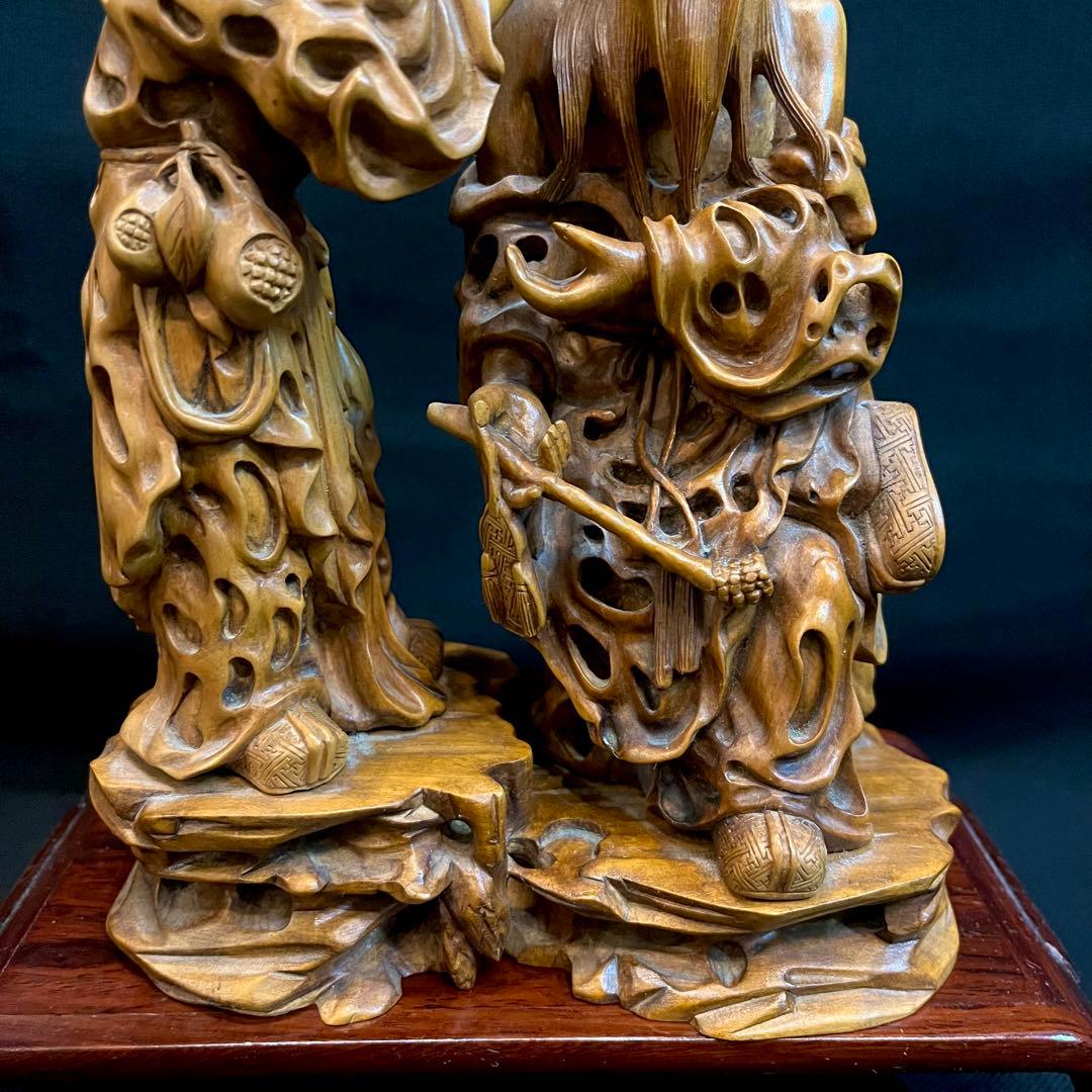 超希少】 中国美術 高級天然木彫刻 木彫り 置物 耳掻き 夫婦 翁 一刀彫