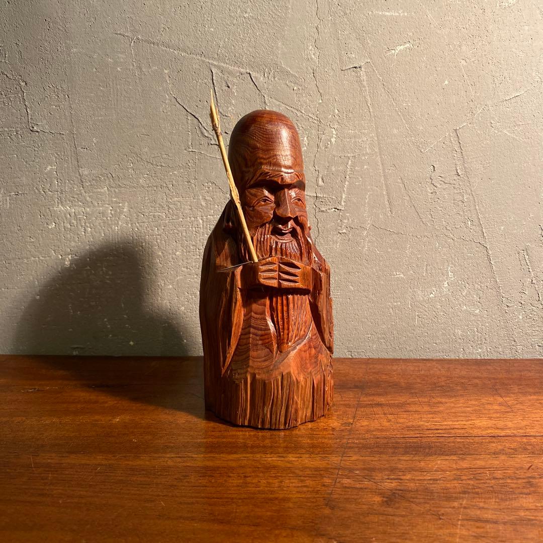 七福神 福禄寿 寿老人 木彫 一刀彫り 置物 時代物 骨董品 縁起物