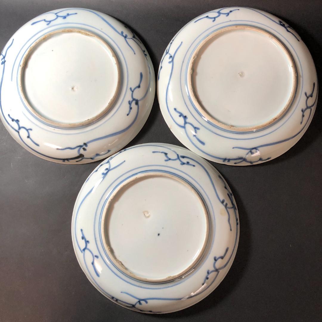 古伊万里　染錦　六寸皿　３客　松に帆掛け船文様　生活骨董　骨董雑貨　和食器