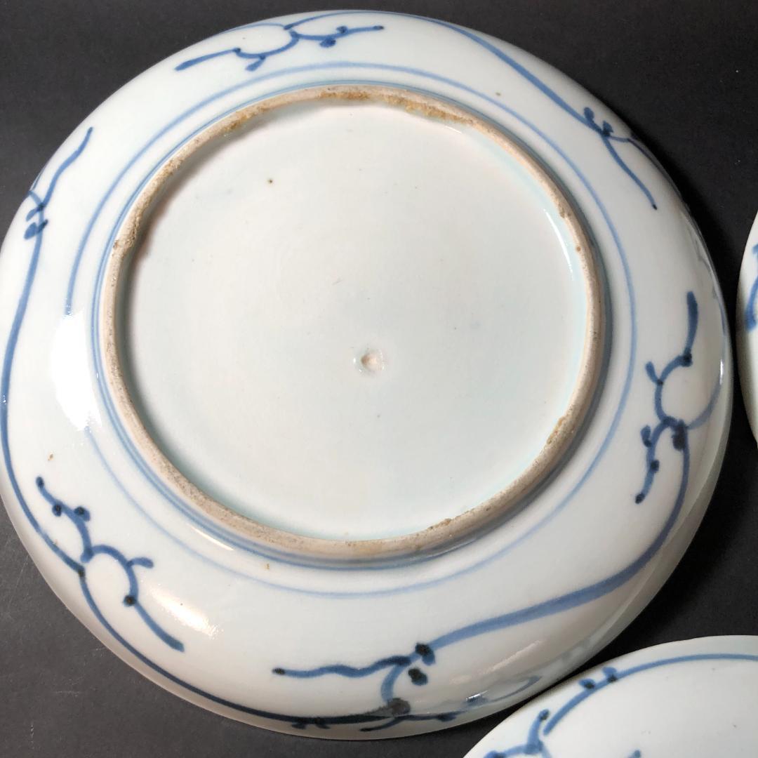 古伊万里　染錦　六寸皿　３客　松に帆掛け船文様　生活骨董　骨董雑貨　和食器