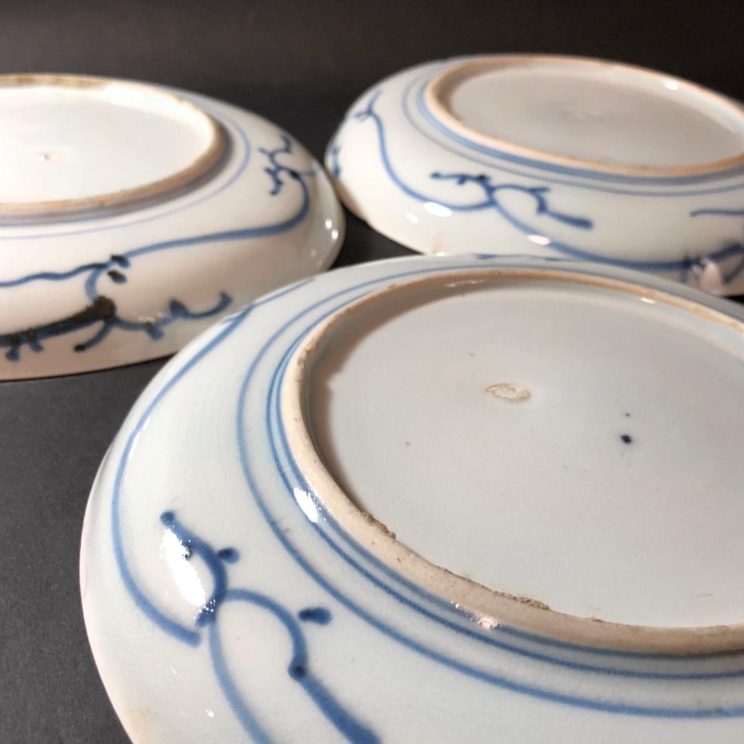 古伊万里　染錦　六寸皿　３客　松に帆掛け船文様　生活骨董　骨董雑貨　和食器