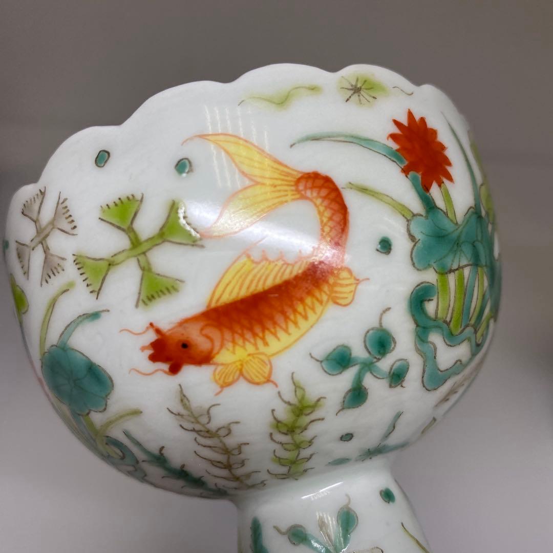 中国清時代 大明嘉靖年製 粉彩馬上杯2客 仕立箱付 東Y7-0303☆2Fトヒサ