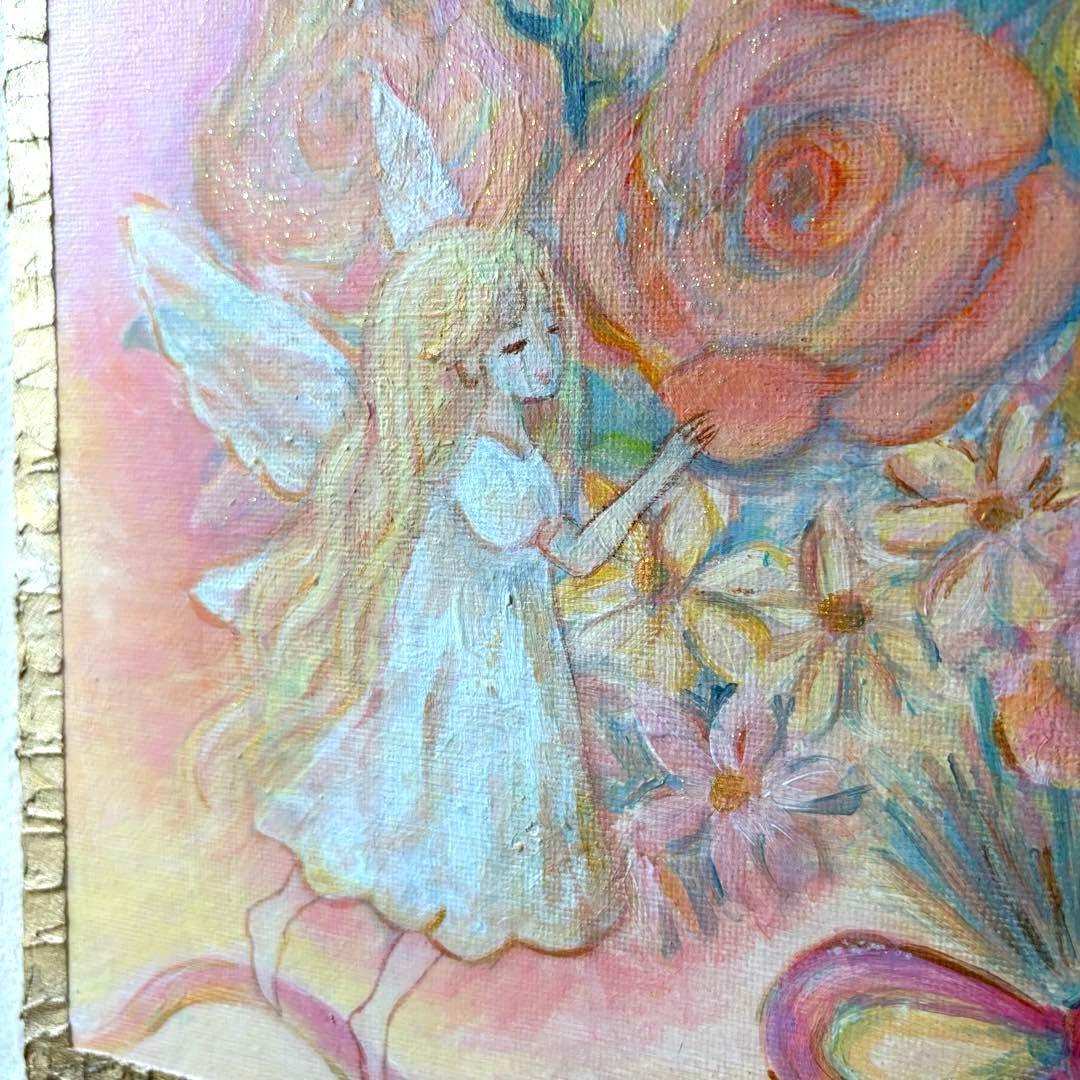 花束と天使のアクリル画 原画　癒しのインテリア テクスチャーアート