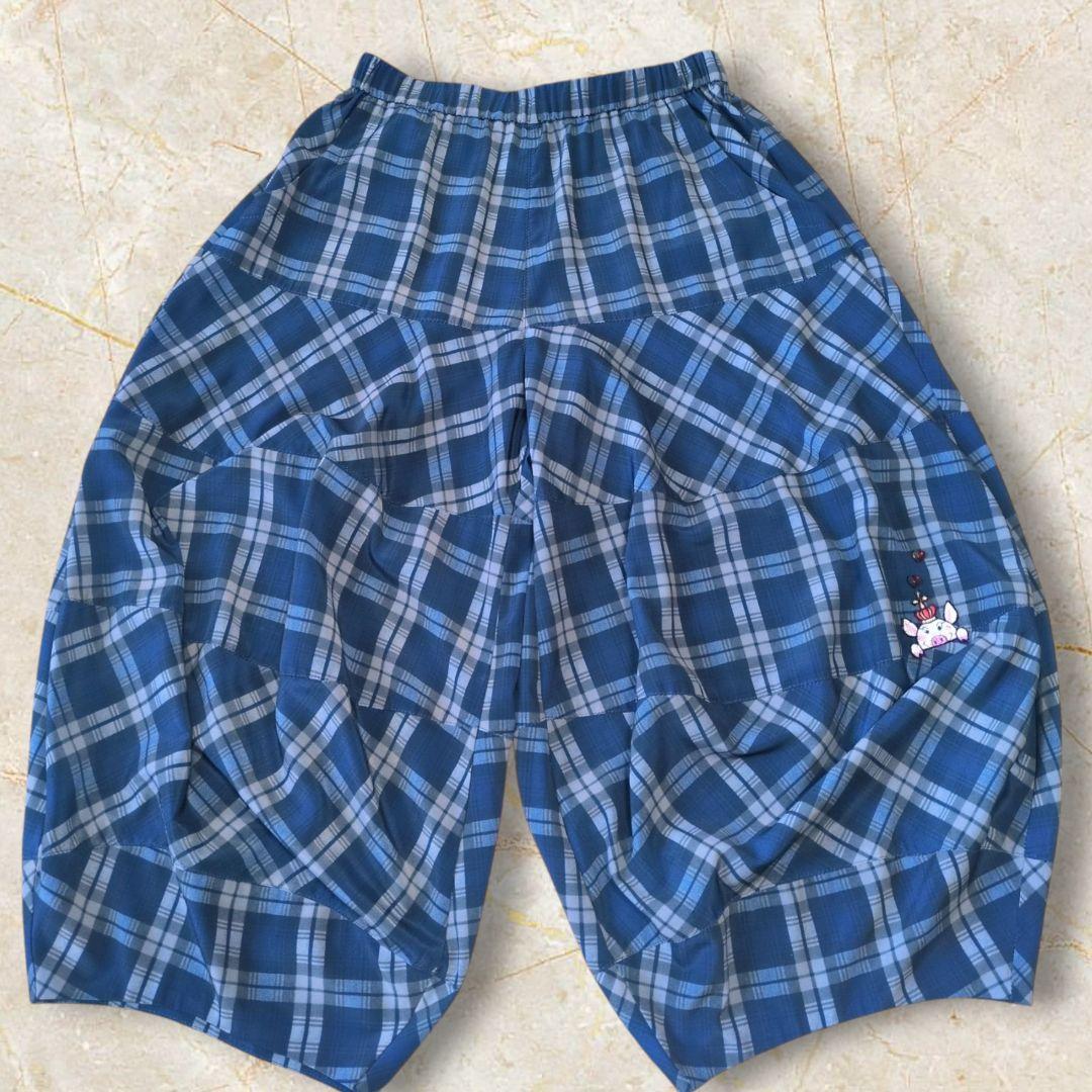 【涼感】アルベロベロ♥️ぶたさんワッペン　ネイビー系チェック　 サルエルパンツ
