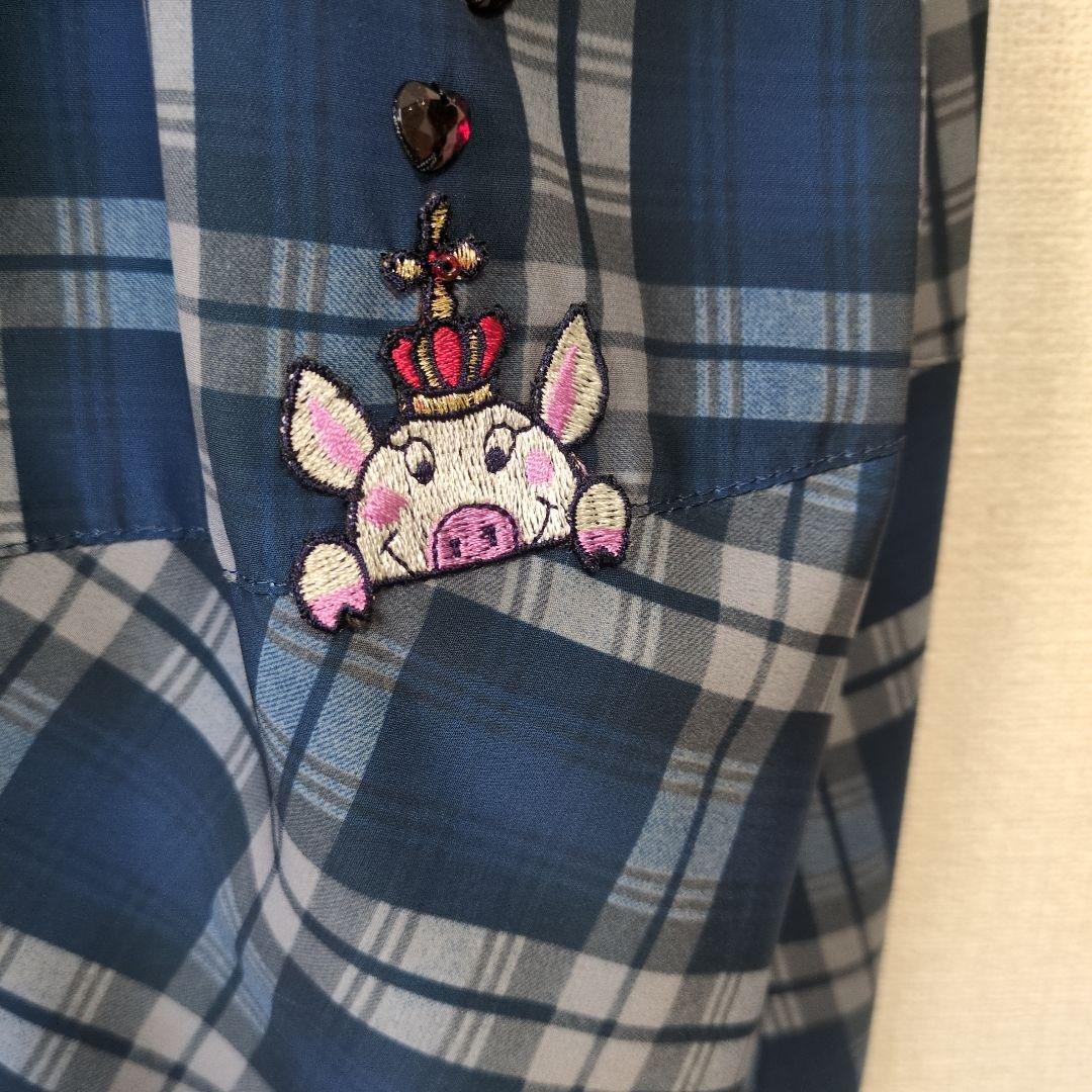 【涼感】アルベロベロ♥️ぶたさんワッペン　ネイビー系チェック　 サルエルパンツ