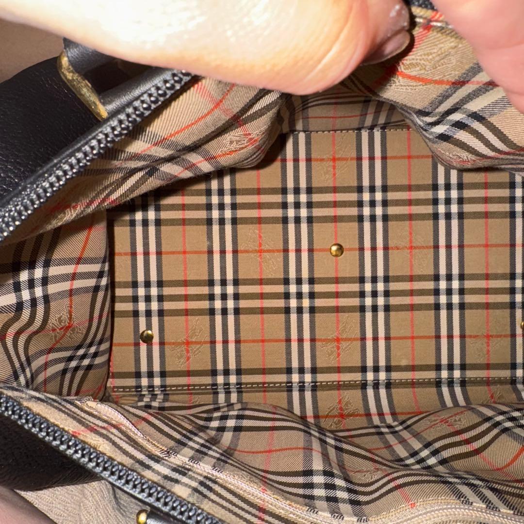 バーバリー ミニボストンバッグ ハンドバッグ ノバチェック レザー シボ革 黒