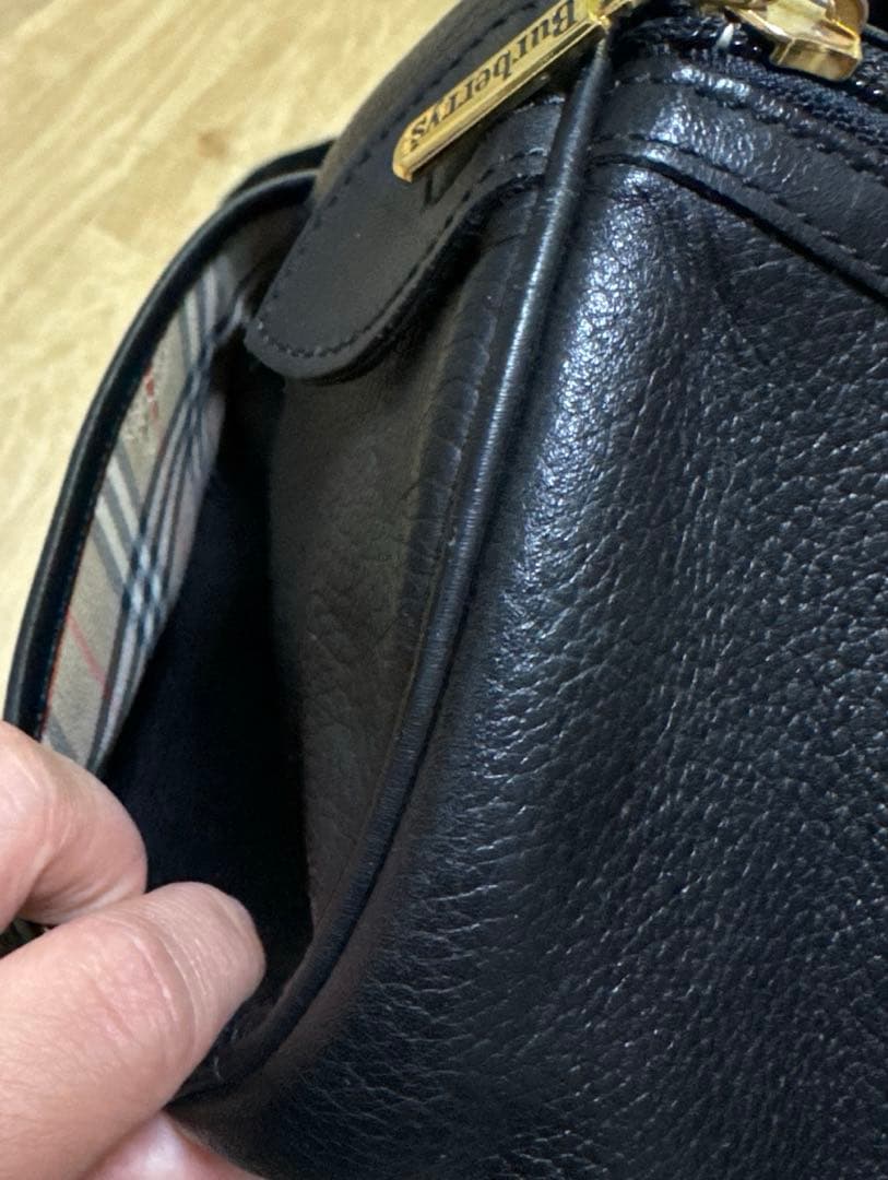 バーバリー ミニボストンバッグ ハンドバッグ ノバチェック レザー シボ革 黒