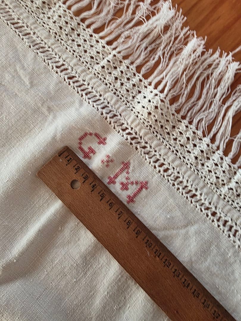 フランスアンティーク 手織りリネン フリンジ付きクロス G.M刺繍