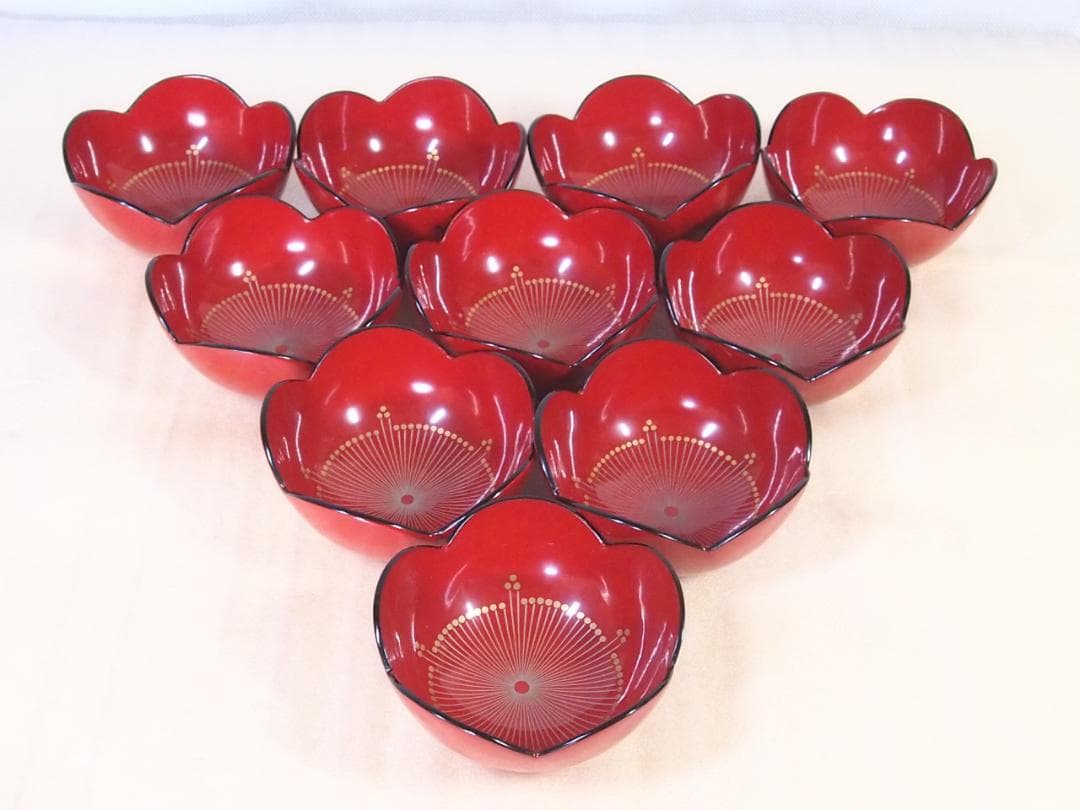 良品】輪島塗 紫雲堂 蒔絵付き 梅小鉢10客 向付/珍味器 朱塗