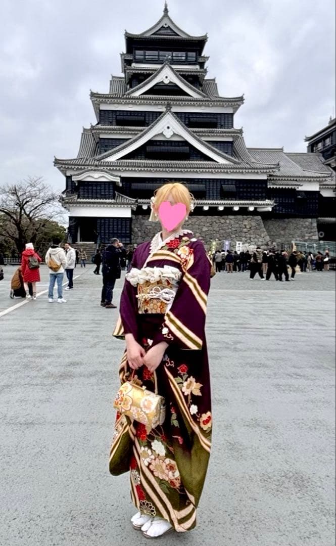 大柄牡丹 正絹総絞り 紫の振袖 袋帯 帯締め 帯揚げ 半襟 重ね襟 6点