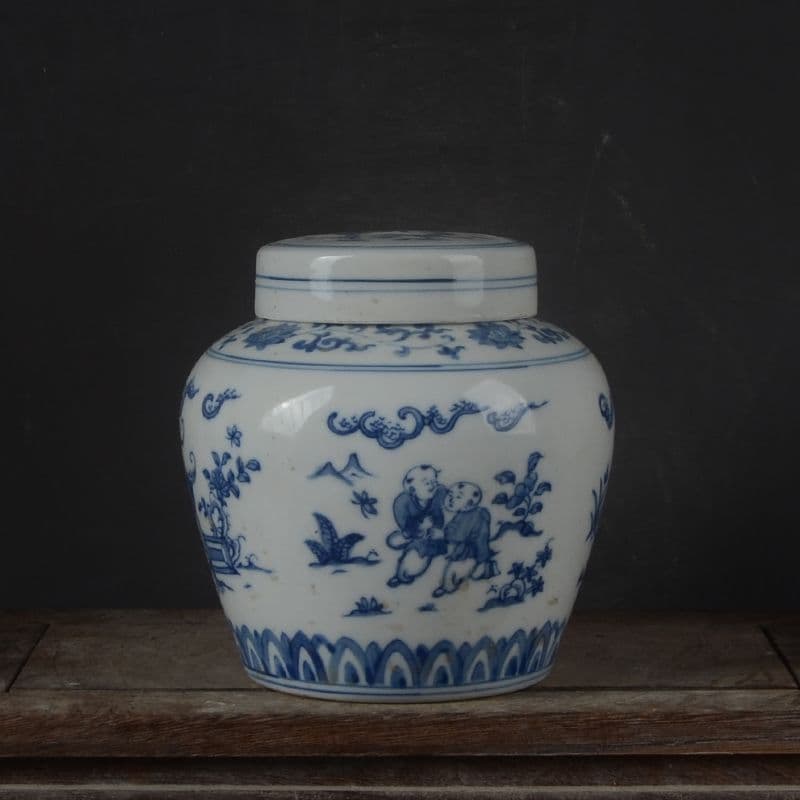 明成化青花嬰戯紋天字缶 景徳鎮 陶磁器 装飾品 現代工芸品 美術品 置物