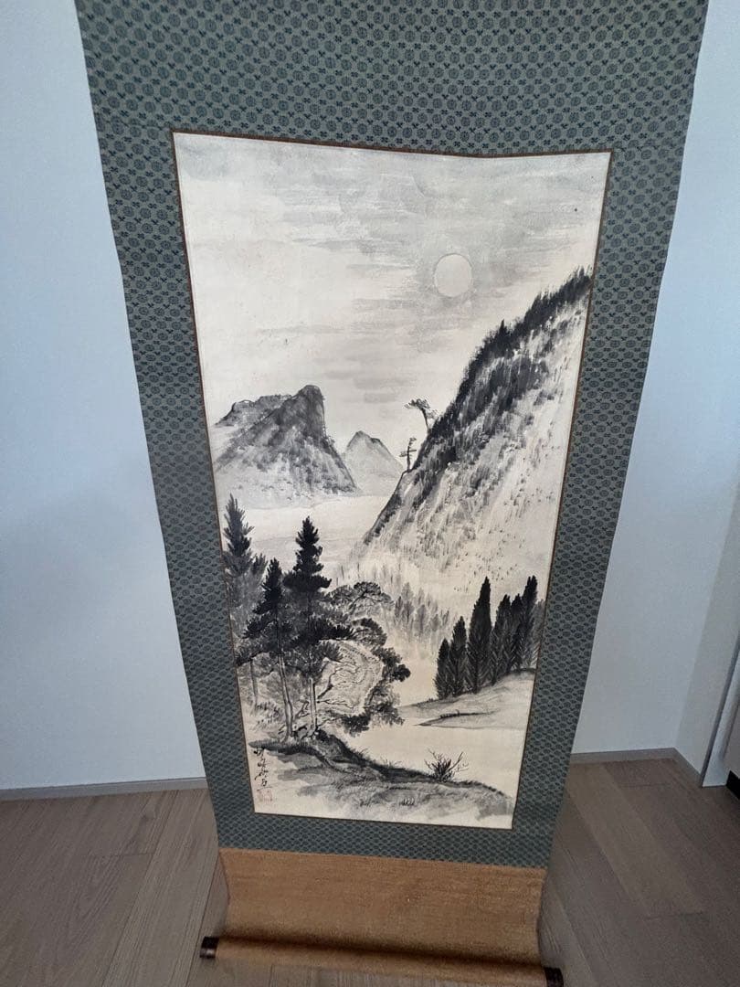 河鍋暁斎 筆 一幅 月夜之山水図 署名あり