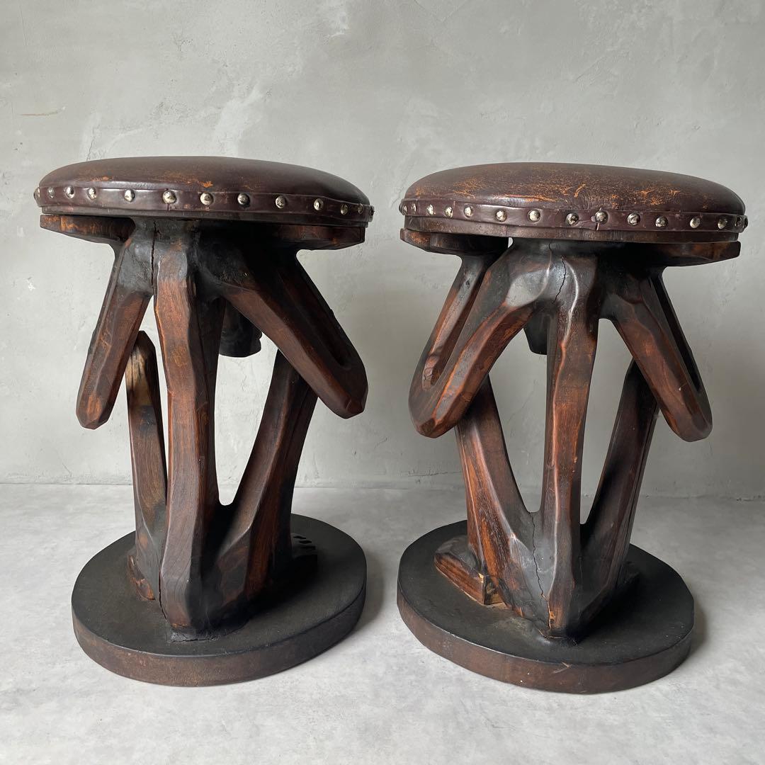 木製 木彫り アフリカ スツール ガーゴイル 丸椅子 ヴィンテージ 民芸