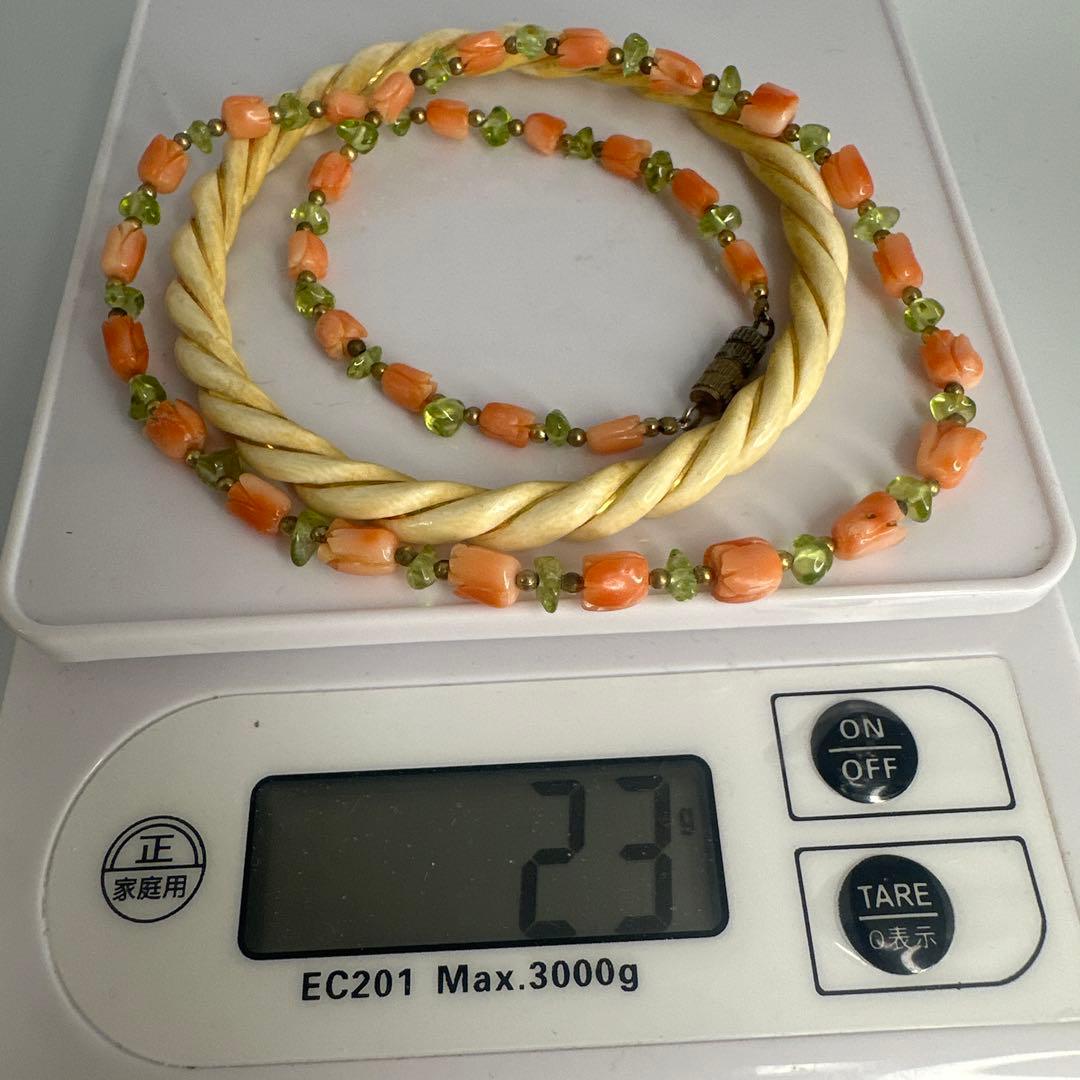 14K 585 サンゴ　珊瑚　天然材質　ぞうげ風　ネックレス　ブレスレット