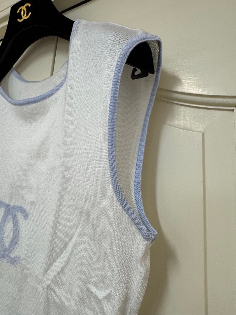 ヴィンテージ　CHANEL タンクトップ　トップス　ライトブルー　ホワイト