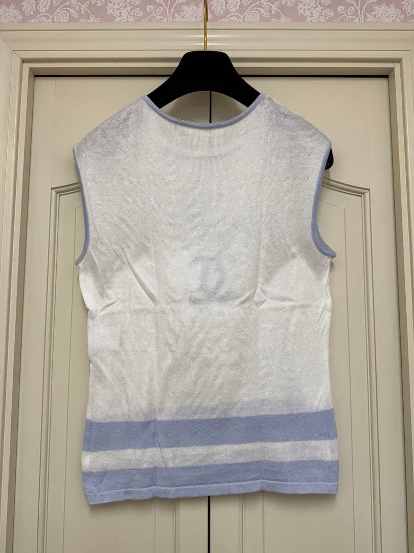 ヴィンテージ　CHANEL タンクトップ　トップス　ライトブルー　ホワイト