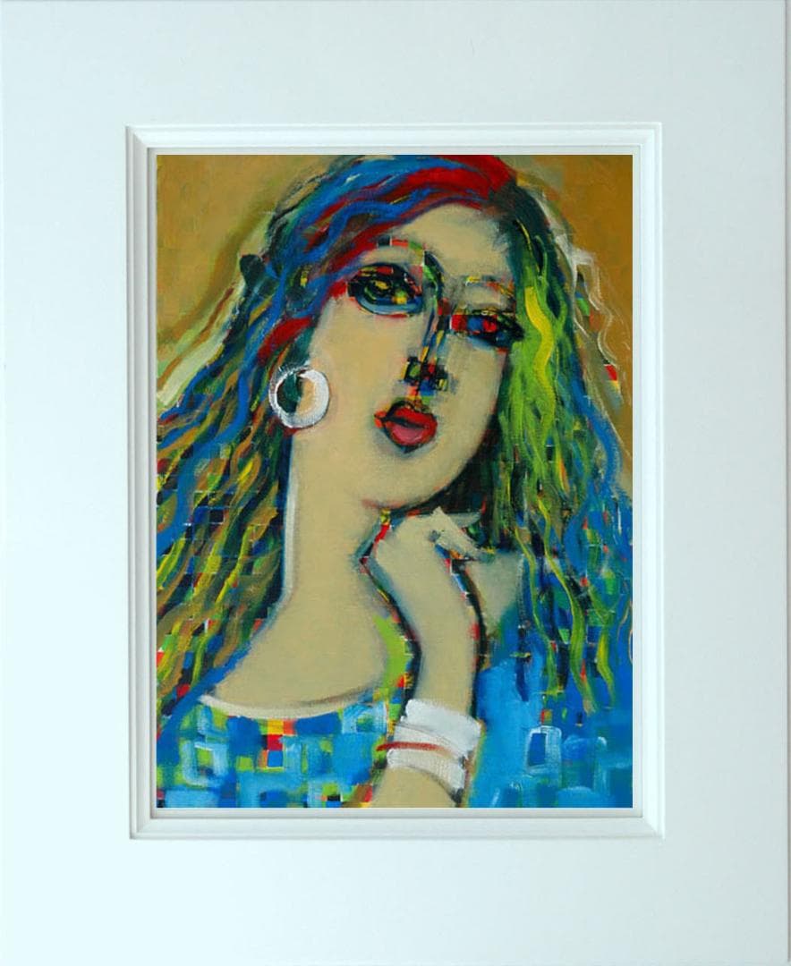 油絵 菅家令子 絵 絵画インテリア 額付(青緑＋金色の枠)F6-080212女性