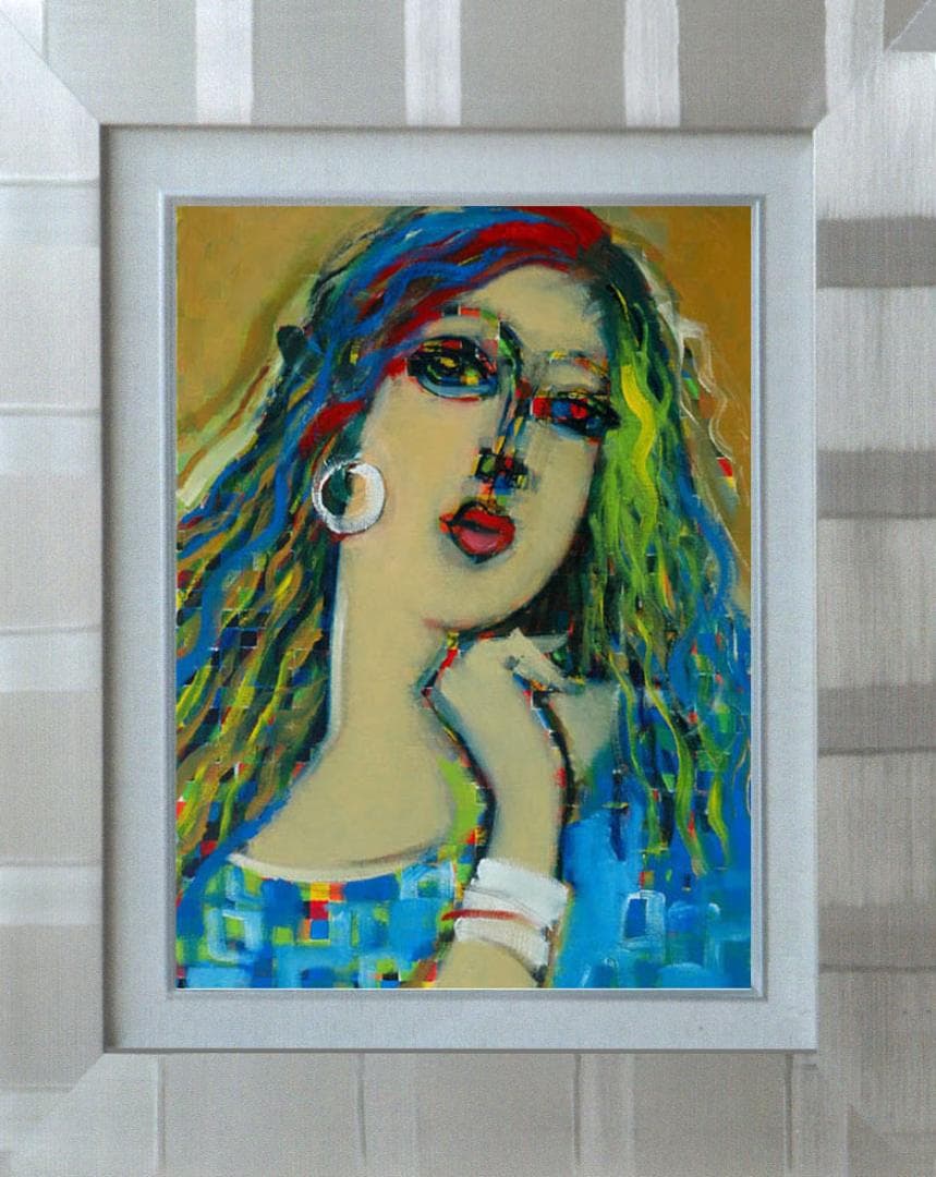 油絵 菅家令子 絵 絵画インテリア 額付(青緑＋金色の枠)F6-080212女性