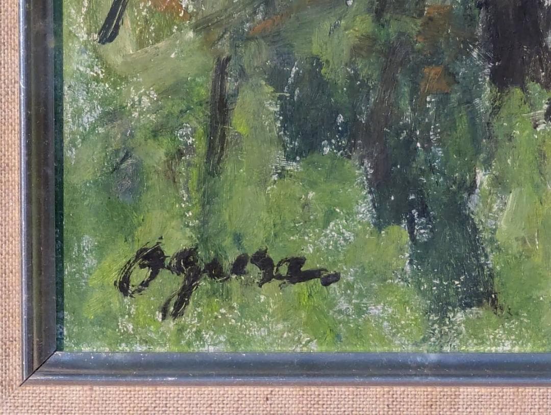 【真作】絵画　油彩8号　春山遠望　雪山と新緑の広がる風景画　日本の四季　W59