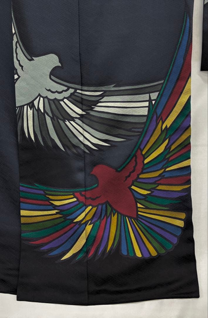 斉藤三才　成人式振袖　長襦袢付　着物　正絹　鳩／濃紺系《き676》#江戸小もーん