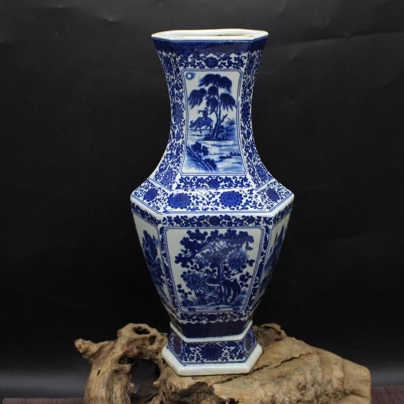 清乾隆青花人物花鳥六方賞瓶 景徳鎮 陶磁器 装飾品 現代工芸