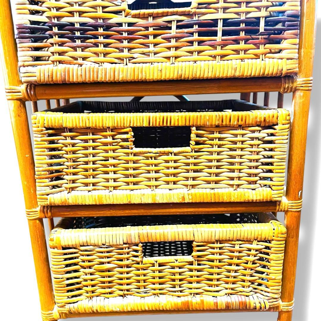 美品☆ヴィンテージ キャスター付 ラタン チェスト 3段 棚 昭和レトロ