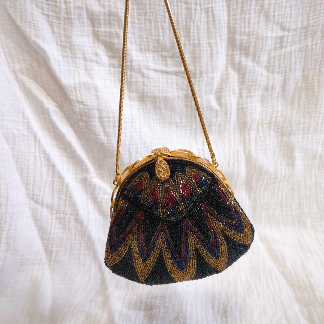 【美品】皇室御用達 ルミーはしもと 総ビーズ ハンドバッグ マルチカラー がま口