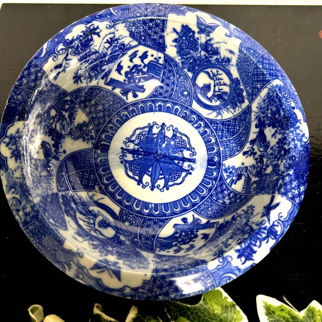 骨董品　古伊万里　転写　印判　煮物鉢　菊紋　椿紋　鳥紋　有田焼　アンティーク