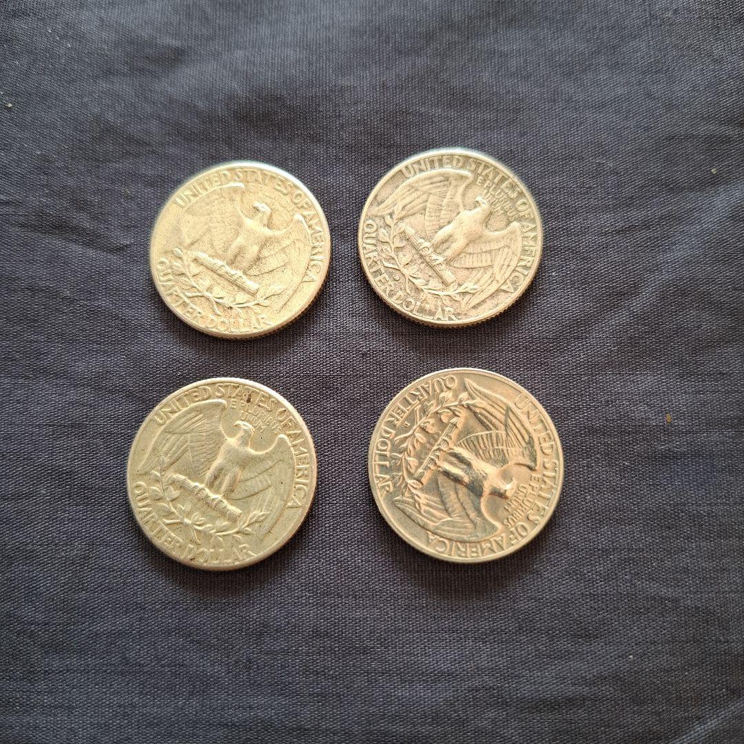 アメリカ、銀貨、1964年発行の25セント銀貨(銀90％)4枚