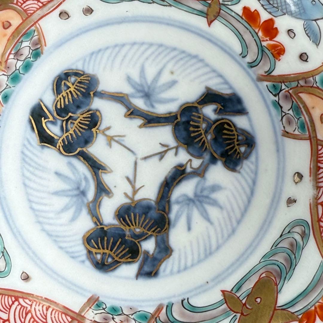 豪商旧蔵品 明治期 色絵鯉千鳥文膾皿 金蘭手 二十