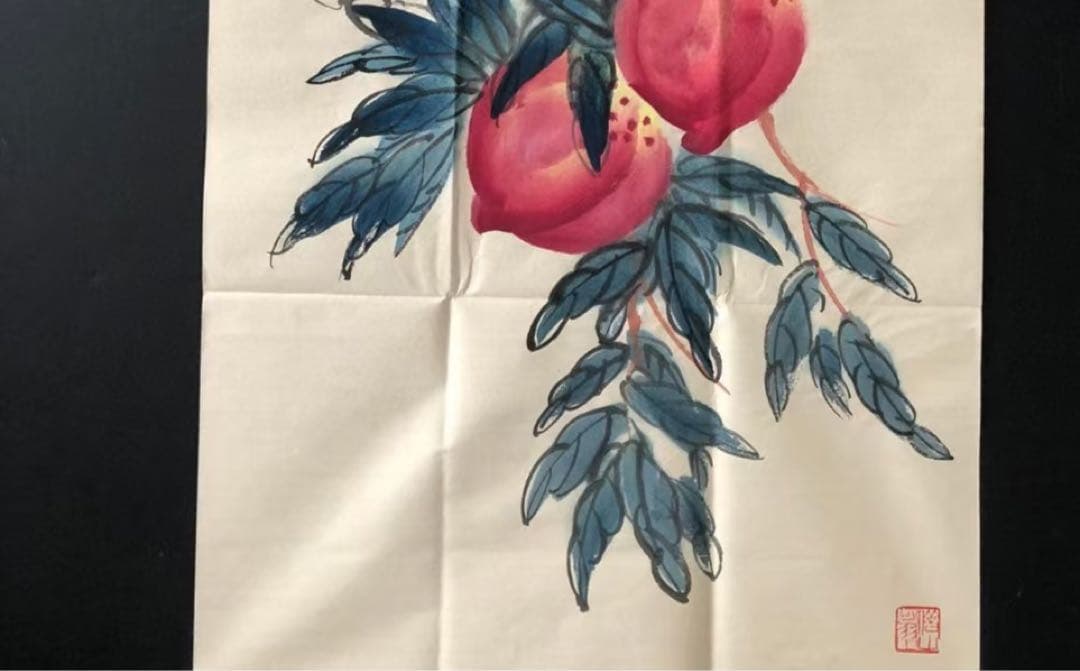 中国古美術・桃図三尺画芯・斉白石印款・水墨彩色画・