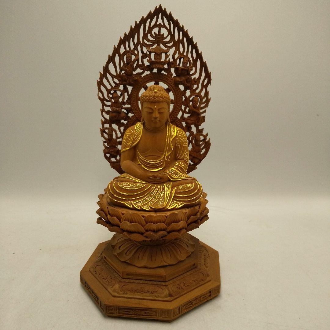 木彫　釈迦如来座像　八角台座　置物　オブジェ　アンティーク　美術品 白木 八角台座（手彫）宝相華光背（手彫）玉眼入 釈迦如来座像 京仏師