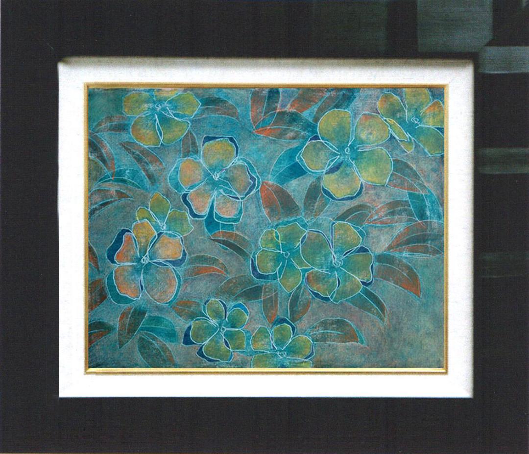 油絵 菅家令子 絵 絵画インテリア 額付(青緑＋金色の枠) F4-091716花