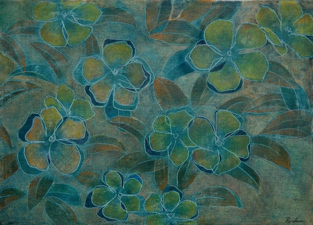 油絵 菅家令子 絵 絵画インテリア 額付(青緑＋金色の枠) F4-091716花