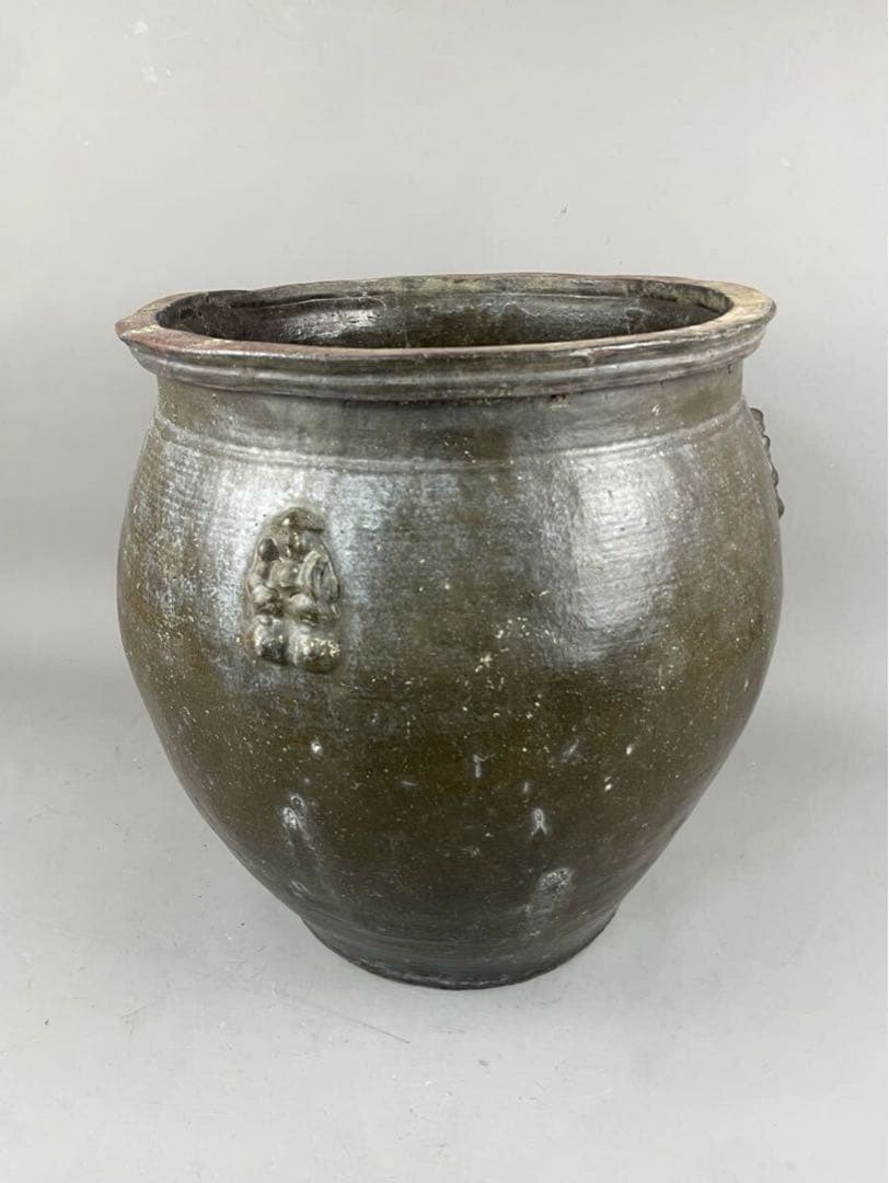 鹿児島旧家蔵出し古薩摩 大瓶 七福神 布袋 張付文 甘酒半胴 薩摩焼 花瓶 飾壺