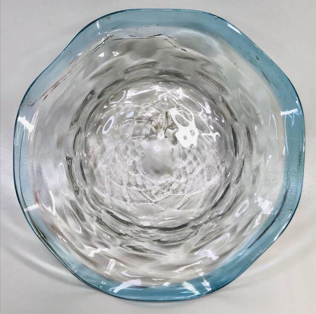 ☆明治ガラス/和ガラス！綺麗な青縁鉢/気泡ガラス/氷ガラス☆