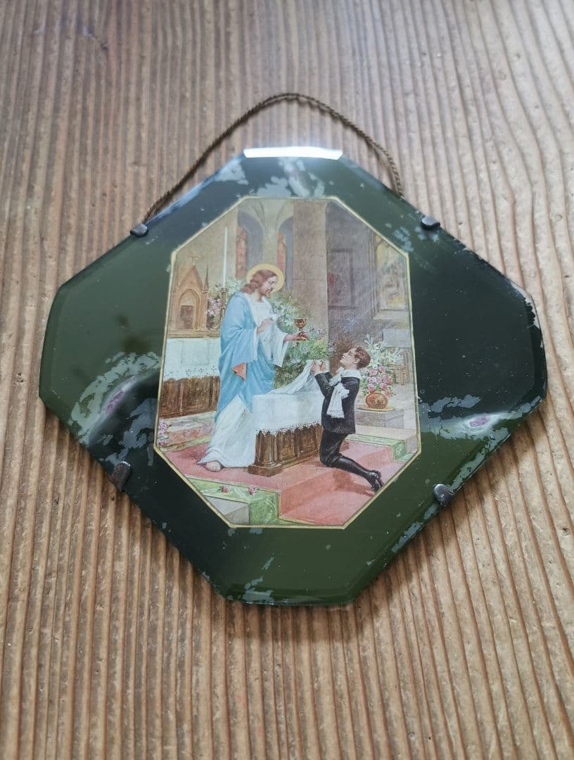 アンティーク 初聖体記念 キリストと少年 美しい八面体壁掛け