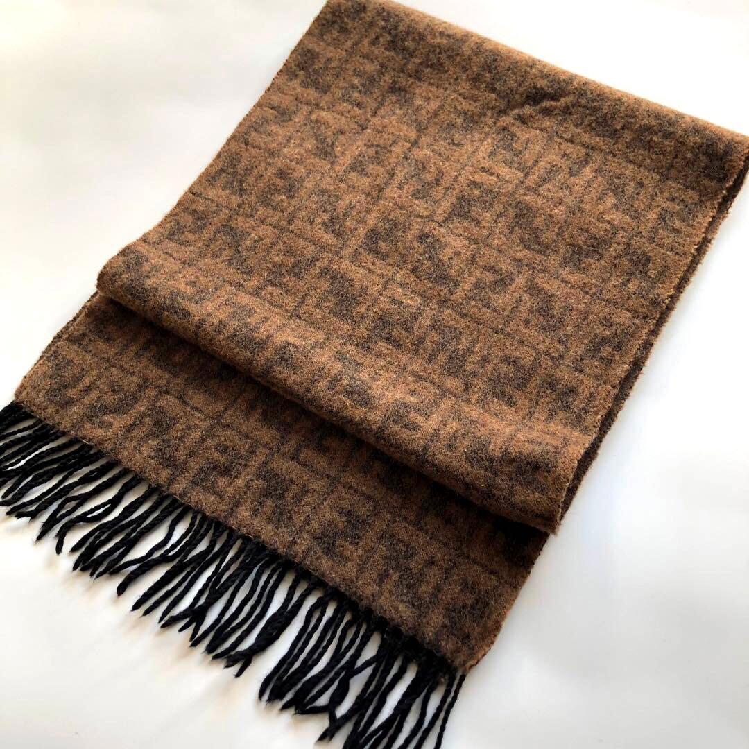 ☆美品☆フェンディ 総柄マフラー ブラウン ズッカ ウール100 フリンジ