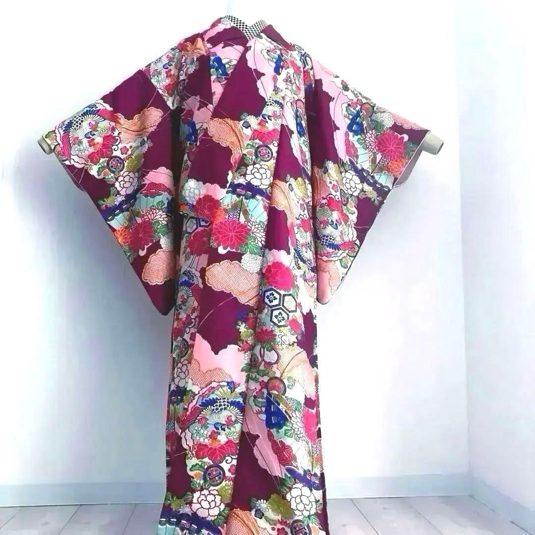 アンティーク着物　子供用　しつけ付　鳳凰・花模様　地紋　正絹　No.35