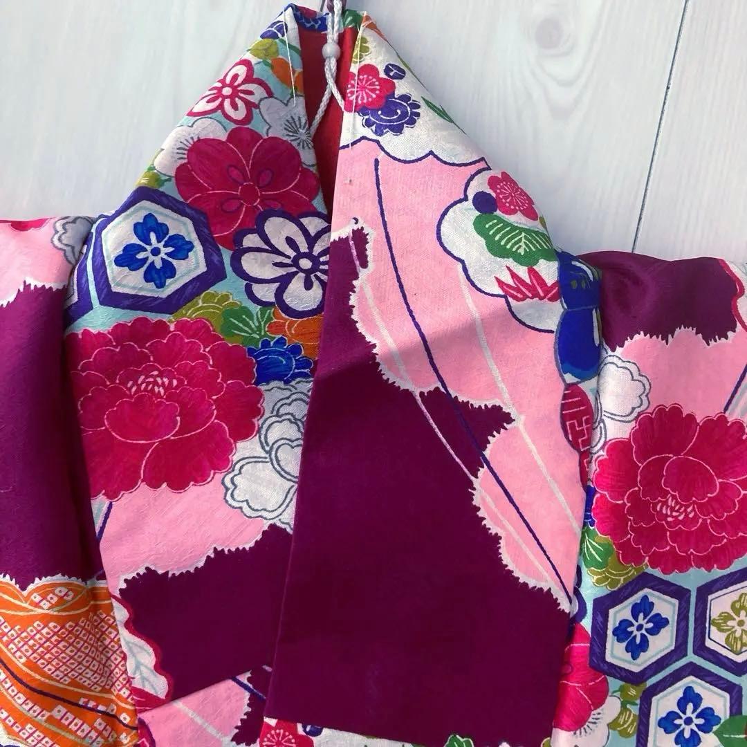 アンティーク着物　子供用　しつけ付　鳳凰・花模様　地紋　正絹　No.35