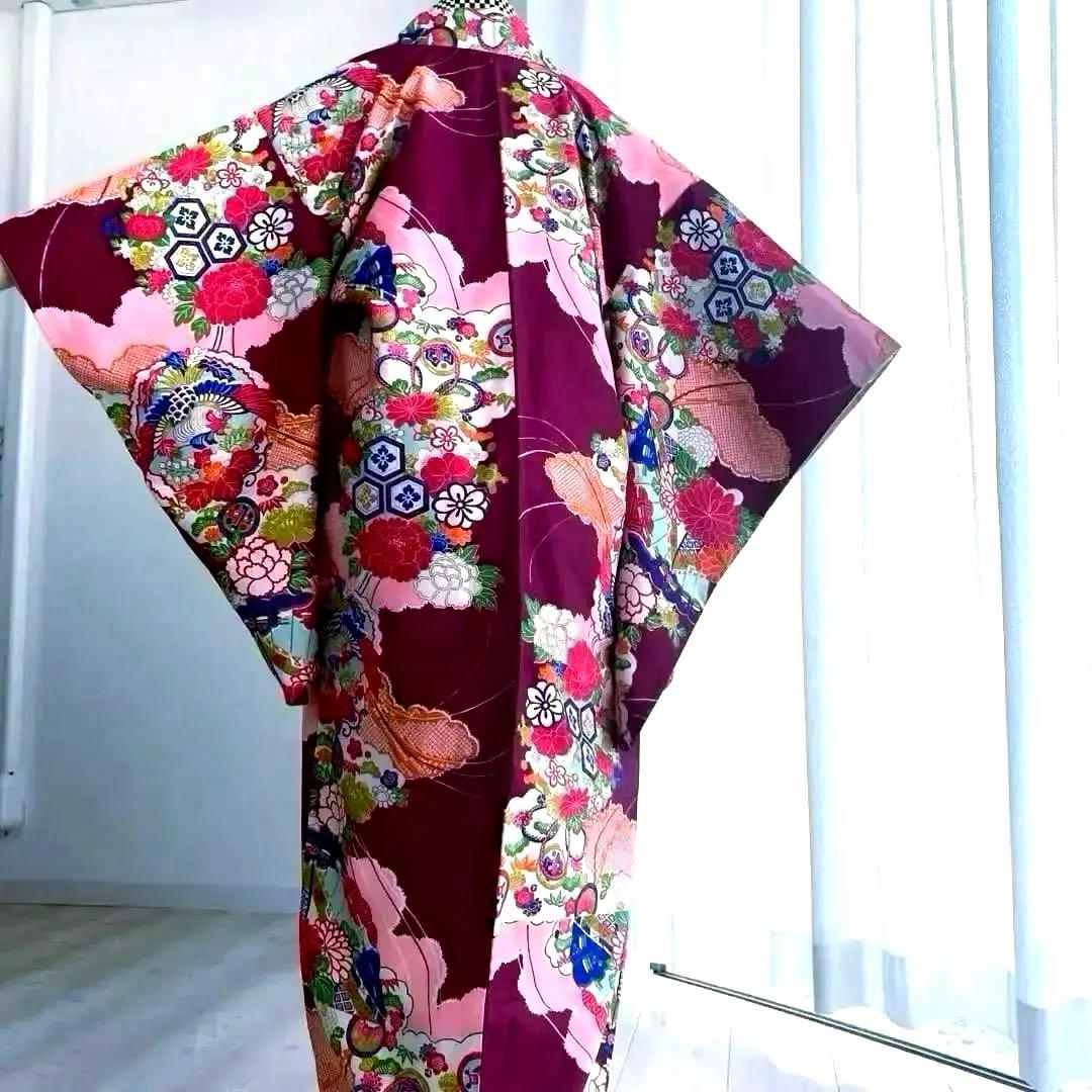 アンティーク着物　子供用　しつけ付　鳳凰・花模様　地紋　正絹　No.35