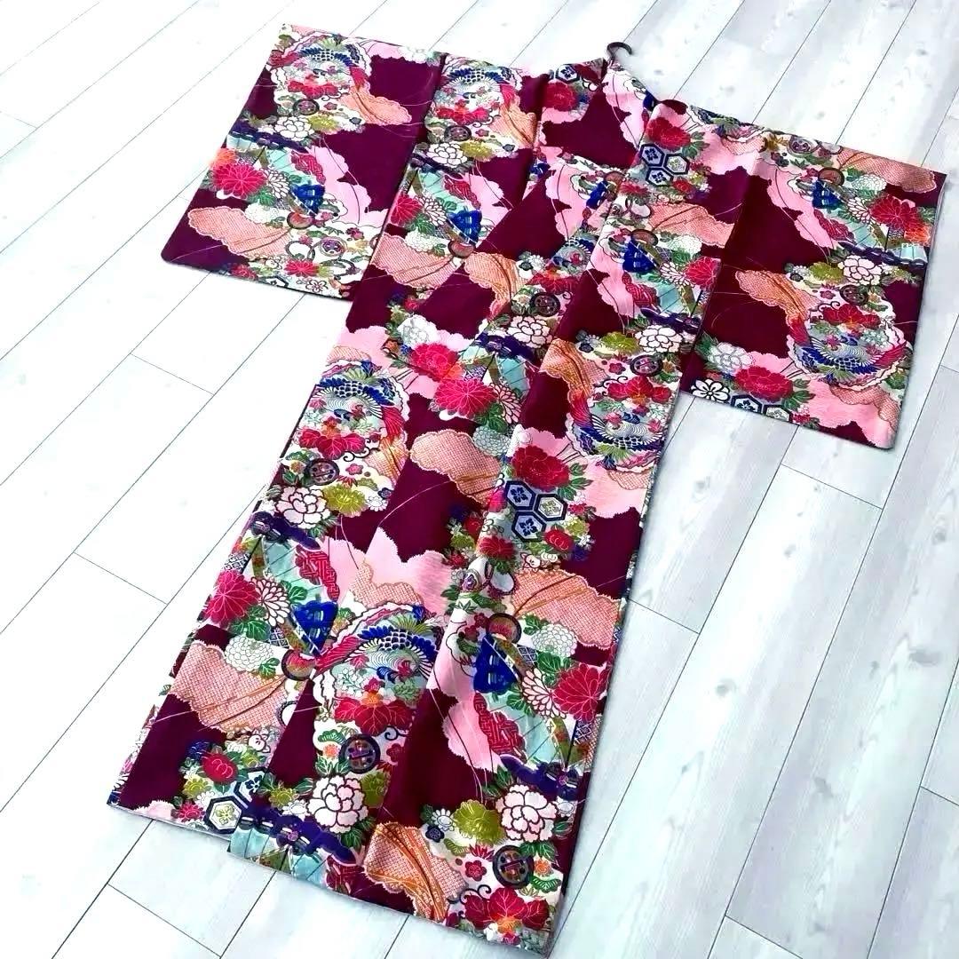 アンティーク着物　子供用　しつけ付　鳳凰・花模様　地紋　正絹　No.35