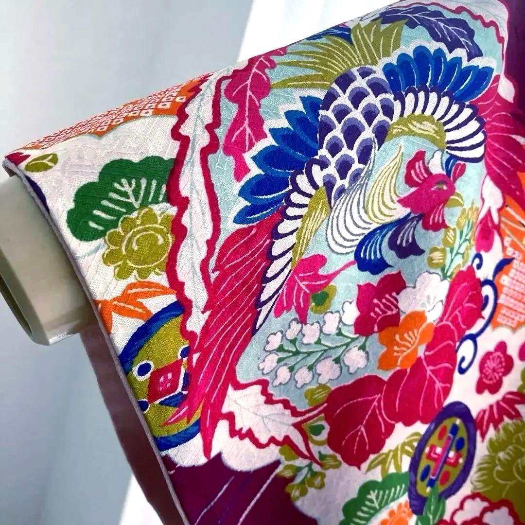 アンティーク着物　子供用　しつけ付　鳳凰・花模様　地紋　正絹　No.35