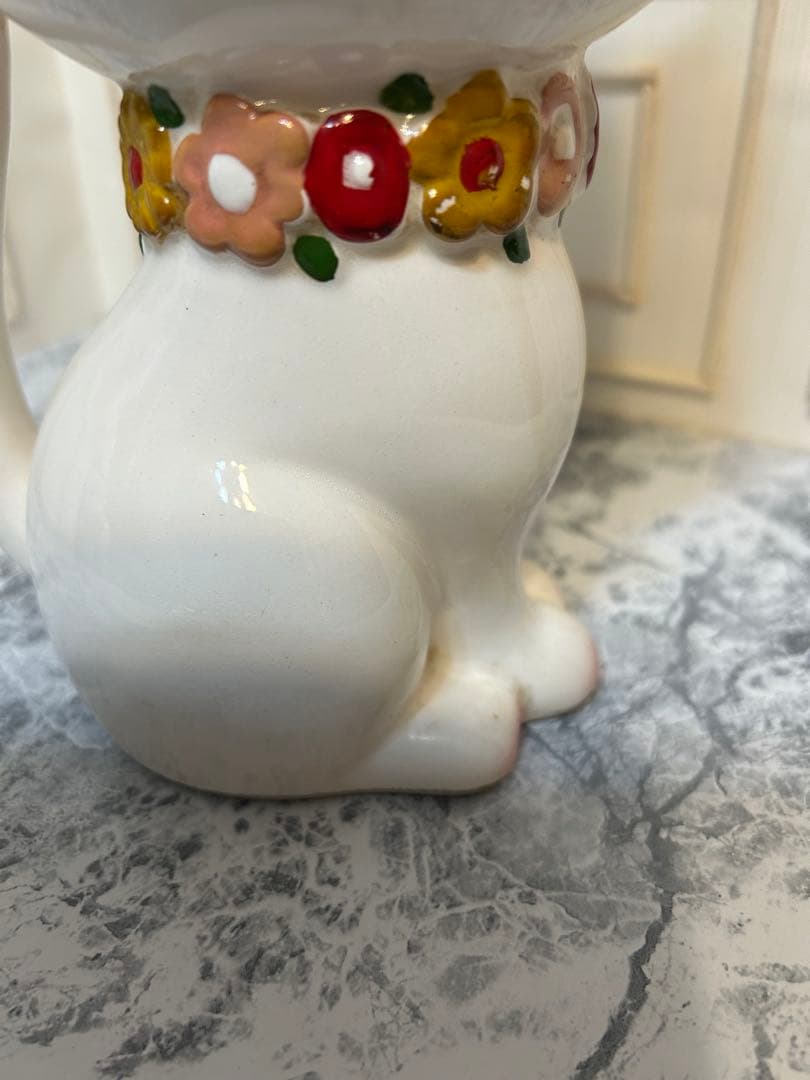 昭和レトロ 1970年代 内藤ルネ 陶器製貯金箱 お花の首飾りの白ネコさん