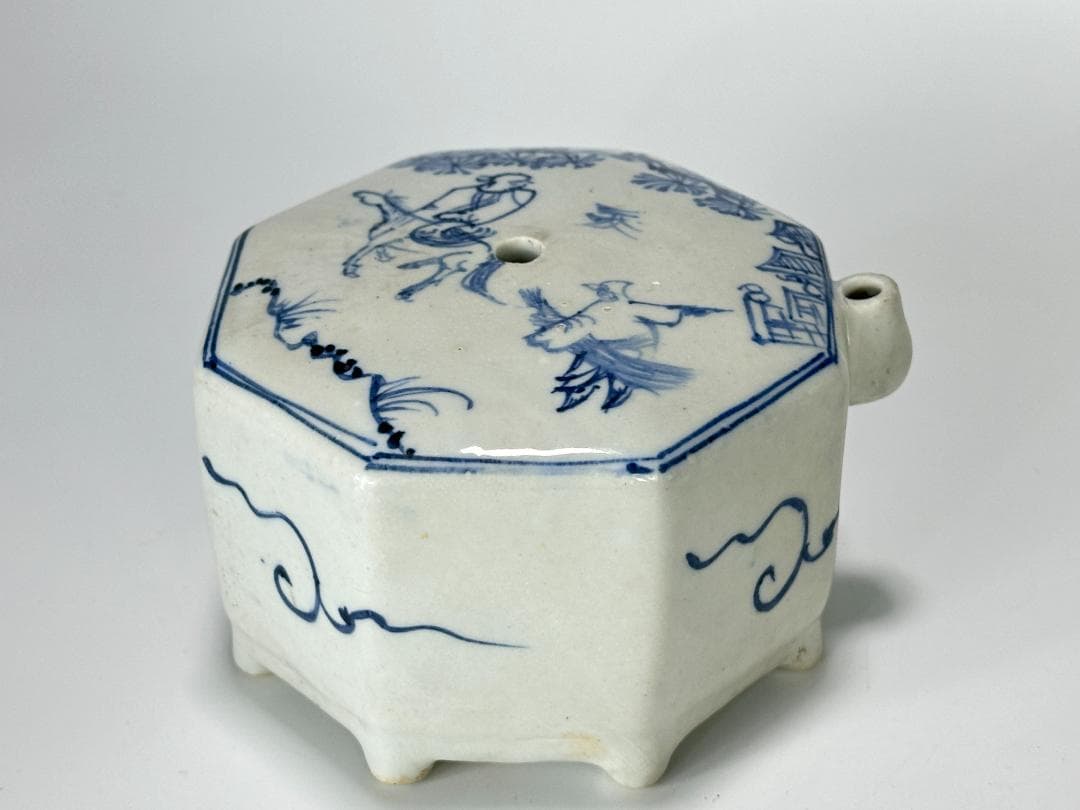 韓国美術 李朝 青花 染付 仙人鶴図 水滴 文房具 書道具 時代物 朝鮮