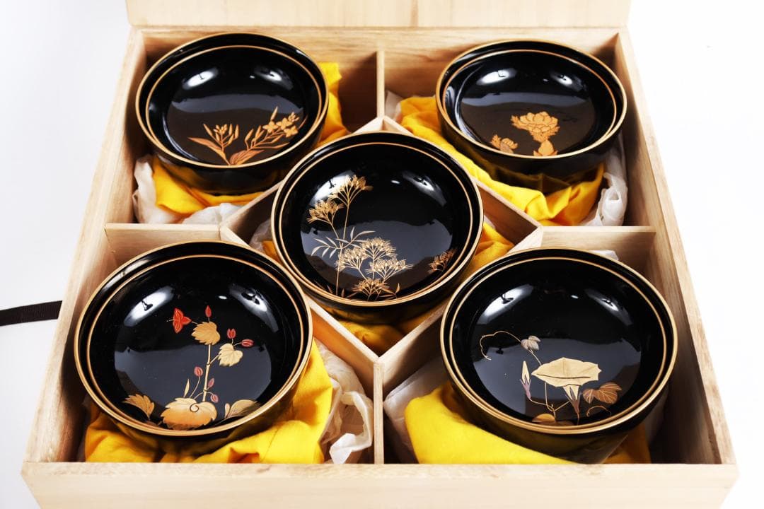 輪島塗 草花絵替 図替 蒔絵 煮物椀 五客 浅己　浅見②